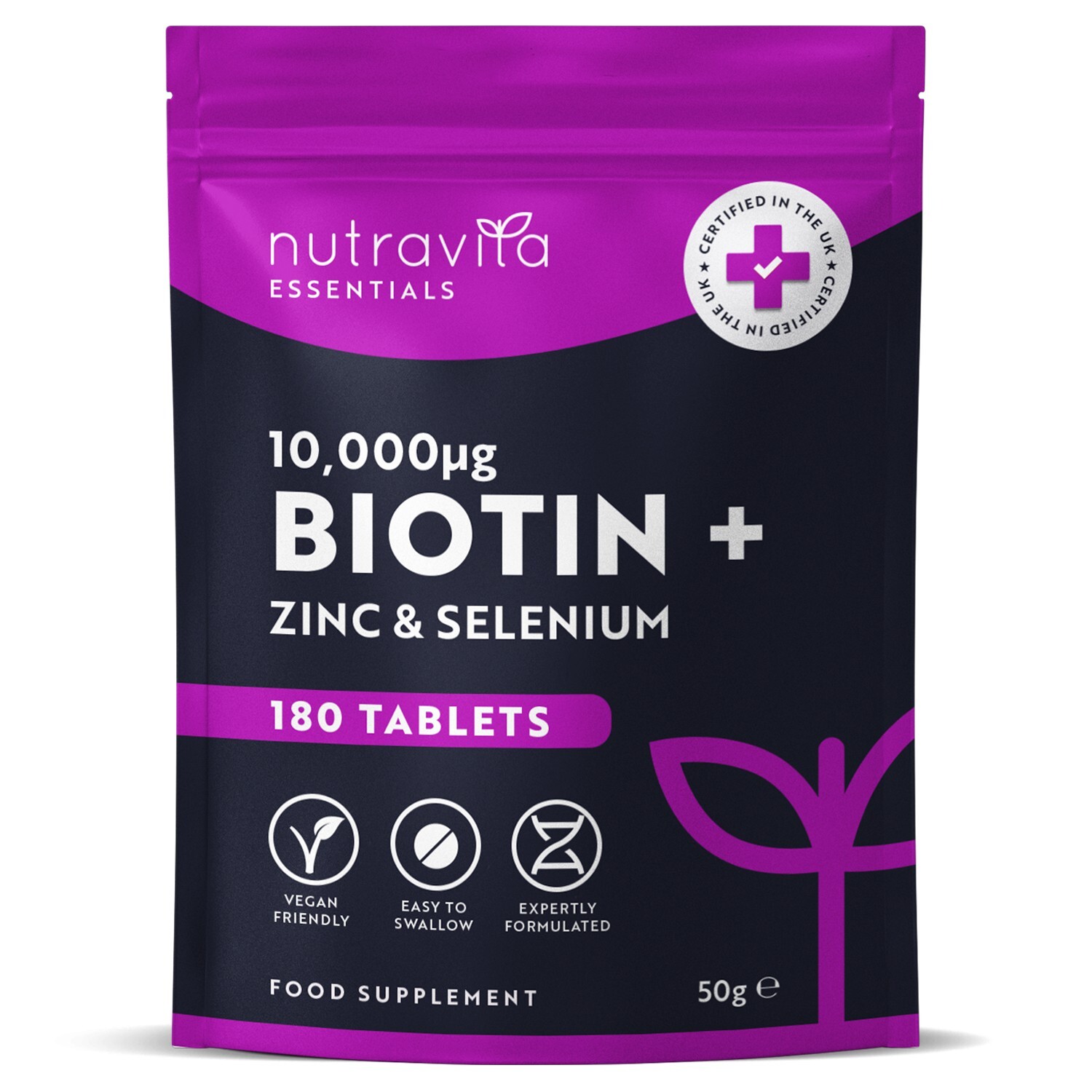 Biotin 10,000mcg with Zinc + Selenium - 180 Vegan Tablets - Hair & Nails Growth