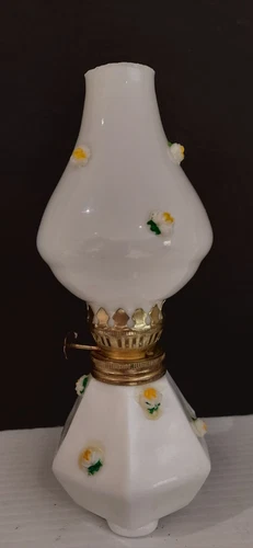 Vintage Milk Glass Oil Lamp W/ Applied Yellow Roses Footed 7.5" Cottagecore