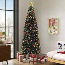 6ft Slim Artificial Christmas Tree Black Prelit Pencil Halloween Tree w/Remote