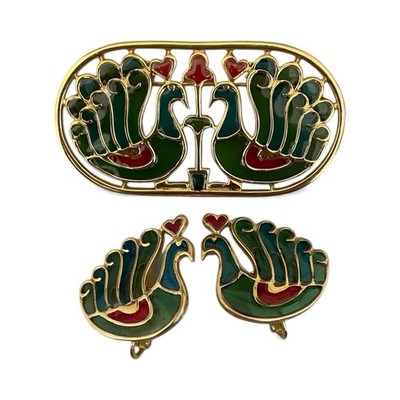 Trifari Vintage Gold Plated Stained Glass Peacock Pin And Earrings Set