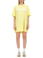 MSGM Logo Print Yellow White T Shirt Dress Medium