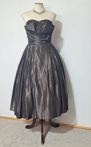 Vintage 1950s Taffeta Party Dress Shelf Bust Dark Bronze XXS/XS Rhinestone - Picture 6 of 18