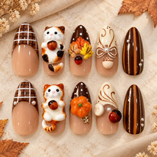 Brown Cat Press On Nails 3D Pumpkin Maple Leaf Plaid Fall Nail Art Set