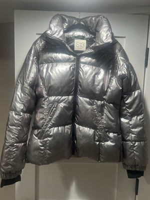 SAM S13 New York Metallic Silver Down Puffer Jacket Womens Large Hooded Coat