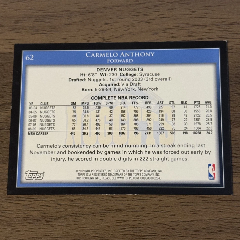 Carmelo Anthony 2009-10 Topps #62 NBA Basketball Card Nuggets - Image 2 of 2