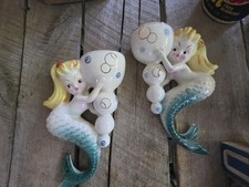 RARE!  VINTAGE PAIR OF JAPAN WALL POCKET MERMAIDS S1498 bubbles 