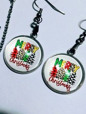 Merry Christmas Earrings And Necklace Set Silver Tone