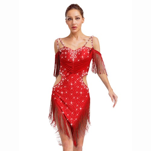 Women Dress Cocktail Dancewear Sparkly Skirts Jazz Tassel Backless Shiny Latin - Picture 57 of 93