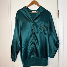 Vintage Victoria's Secret Green Satin Pajama Top Shirt Small Monogram Sleepwear
