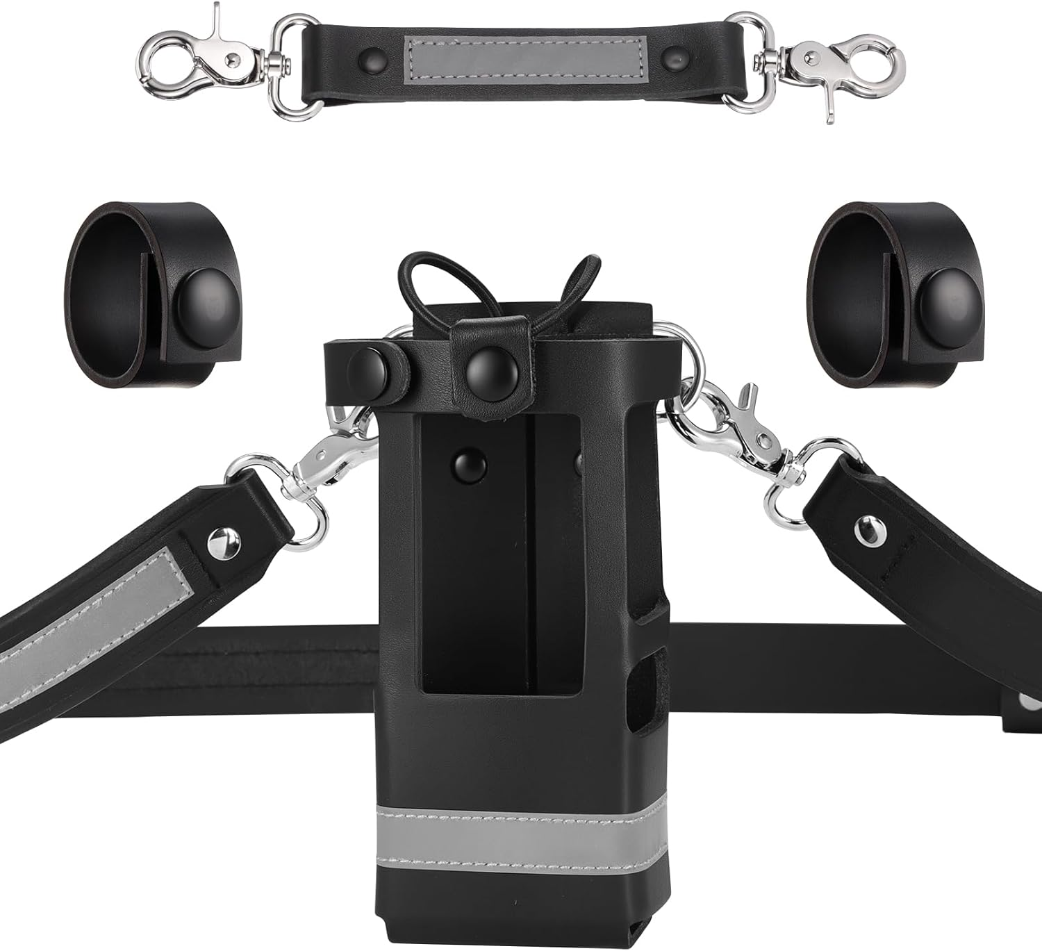 Leather Firefighter Radio Strap and Holder, Reflective Leather Radio Holster Set