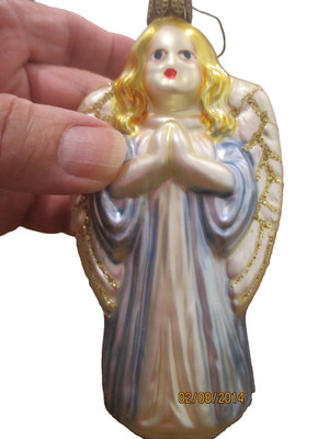 Vintage Hand Painted Glass Blue Angel/Gold Wings Ornament 3.5'' Tall
