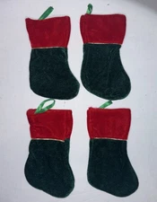 4 Vintage Green Red Velvet Plush Mini Christmas Stocking Ornaments Gold Trim 6”