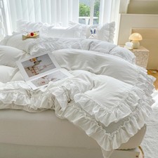Queen White Lace Ruffle Duvet Cover Set, 3-Piece Soft Microfiber Bedding