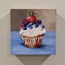 Cupcake with Berries Original Painting 8x8 Acrylic Dessert Food Art Gift Kitchen