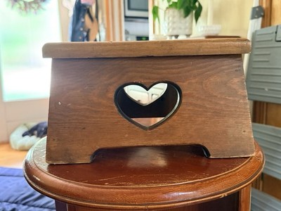 Small Brown Wood Rectangular Footstool with Heart Cutout, Fully Assembled