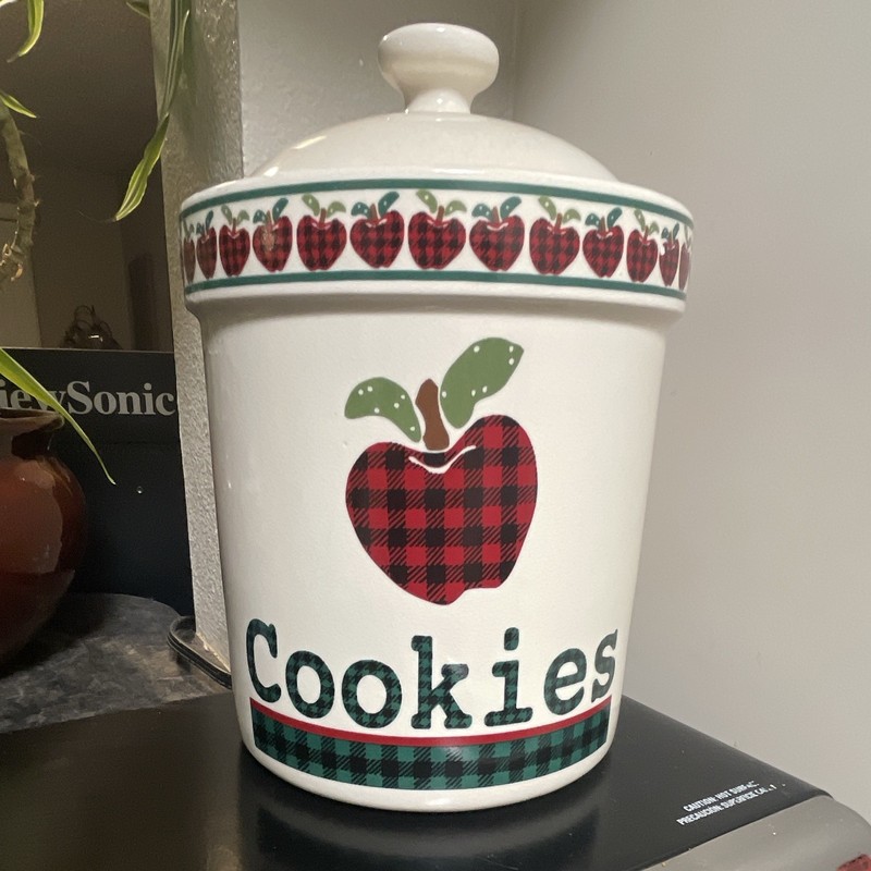 International China Applejack Ceramic Plaid Apple Cookie Jar w/ Lid, Country