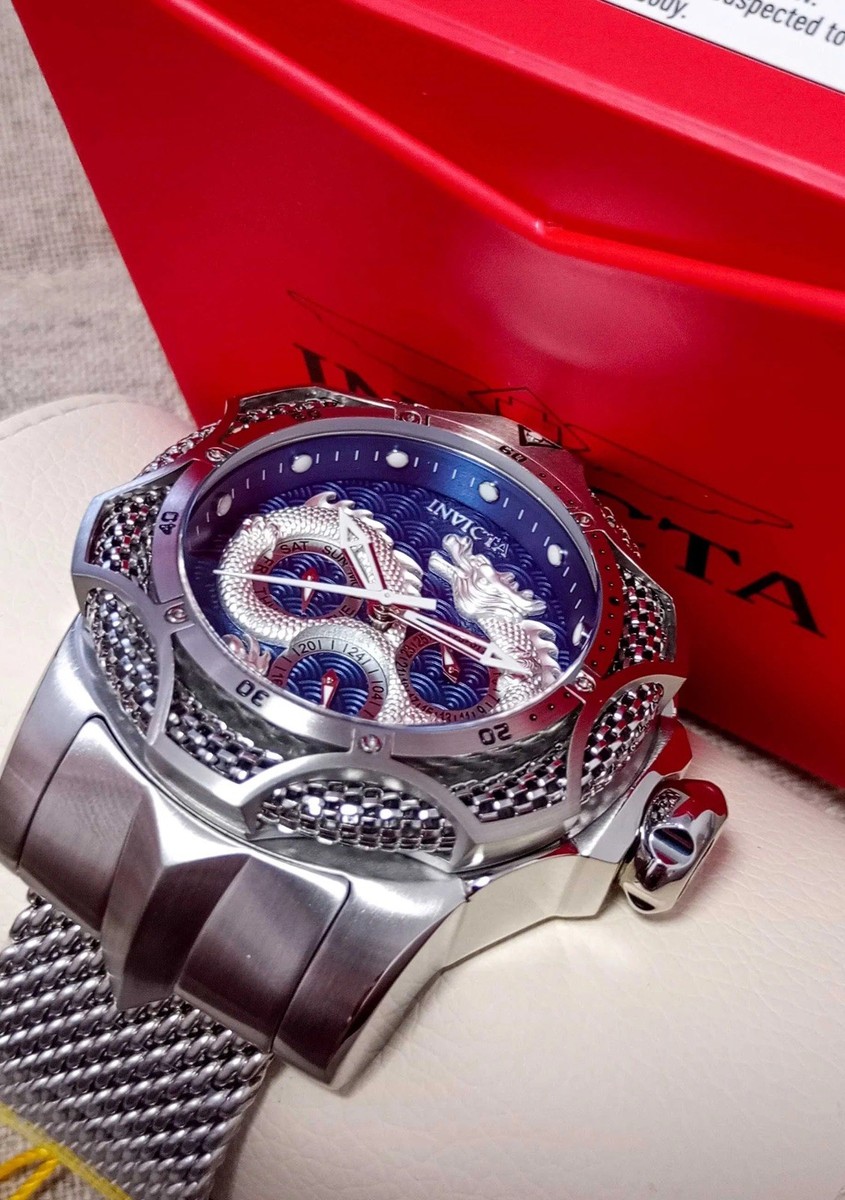 🔥Invicta VENOM Chinese Dragon 53.5mm Blue Dial Mesh Band Silver