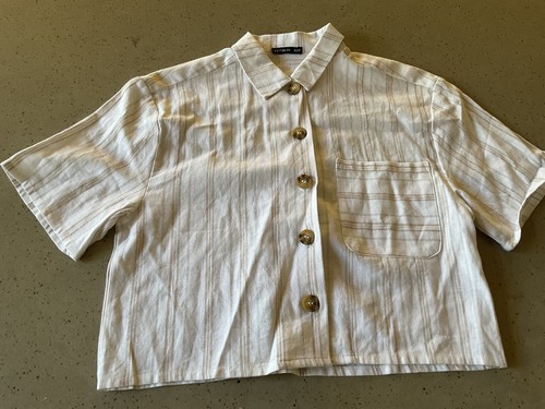 Cotton On Linen Cropped Oversized Short Sleeve Shirt White Beige Stripe XS 8 NEW - Picture 2 of 10