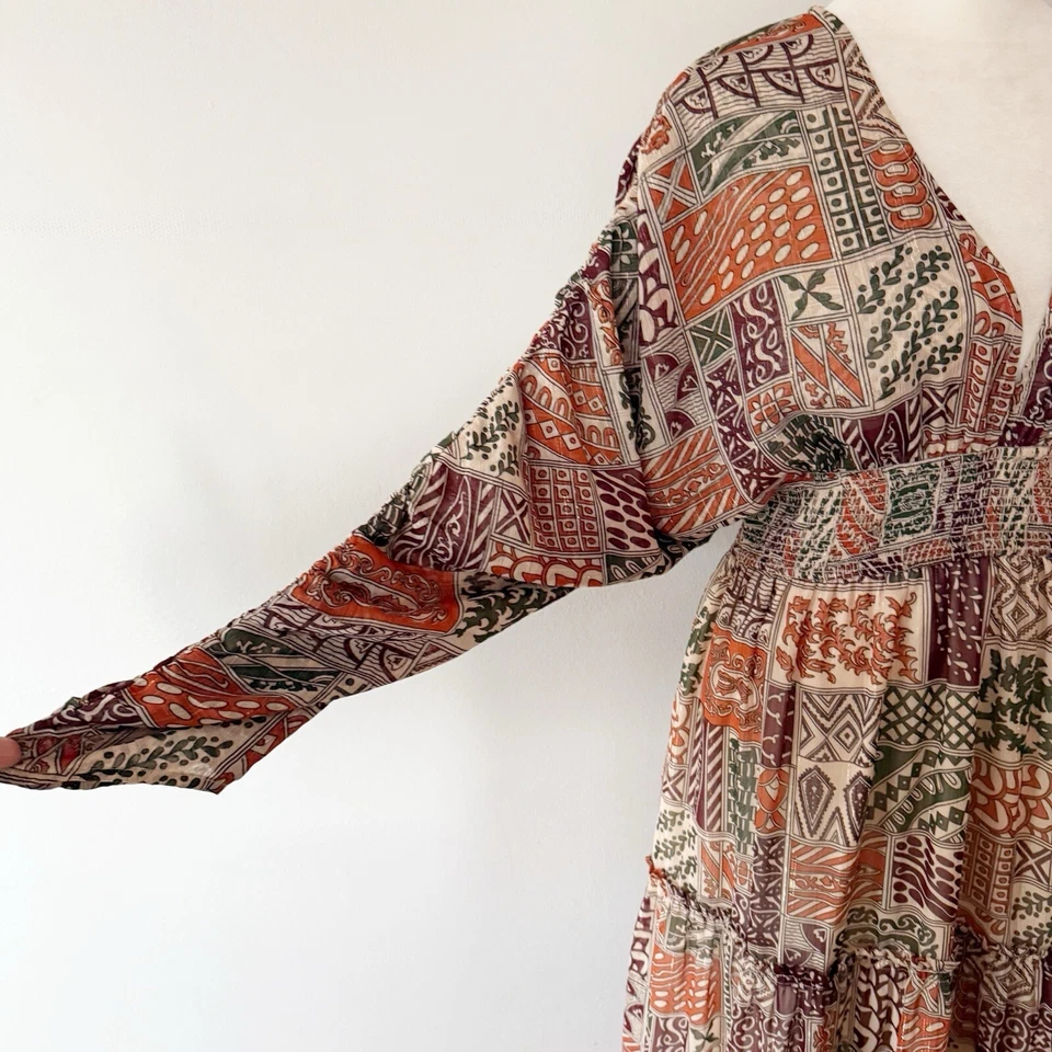 Maxi Vestido Julie Marrón Para Mujer Metálico Cuello Profundo Mediano Boho Festival Hippie Foto 3 de 4