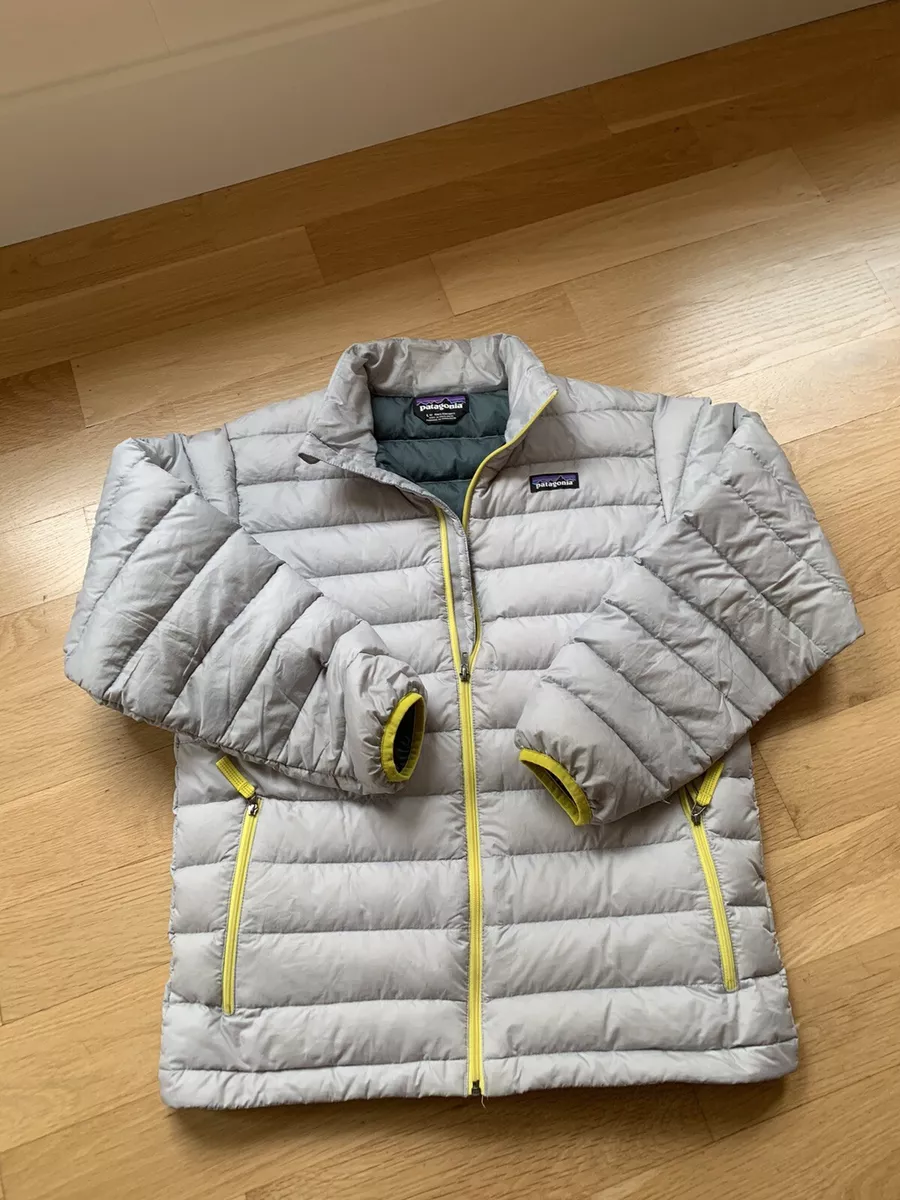 Patagonia Girls Down Sweater Jacket Size L 12 Full Zip Light Gray Teal Green