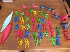 Lot 44 VTG bright color plastic cowboys Indians toy figures Horse canoe teepee