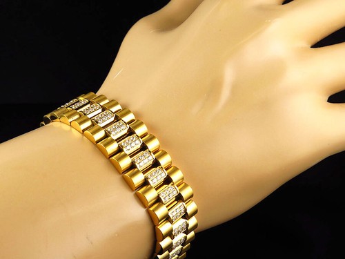 Men's Yellow Finish Stainless Steel Presidential Simulated Lab Diamond Bracelet - Picture 5 of 8