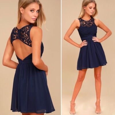 Lulus Romantic Tale Navy Blue Lace Backless Skater Dress Size Small | eBay