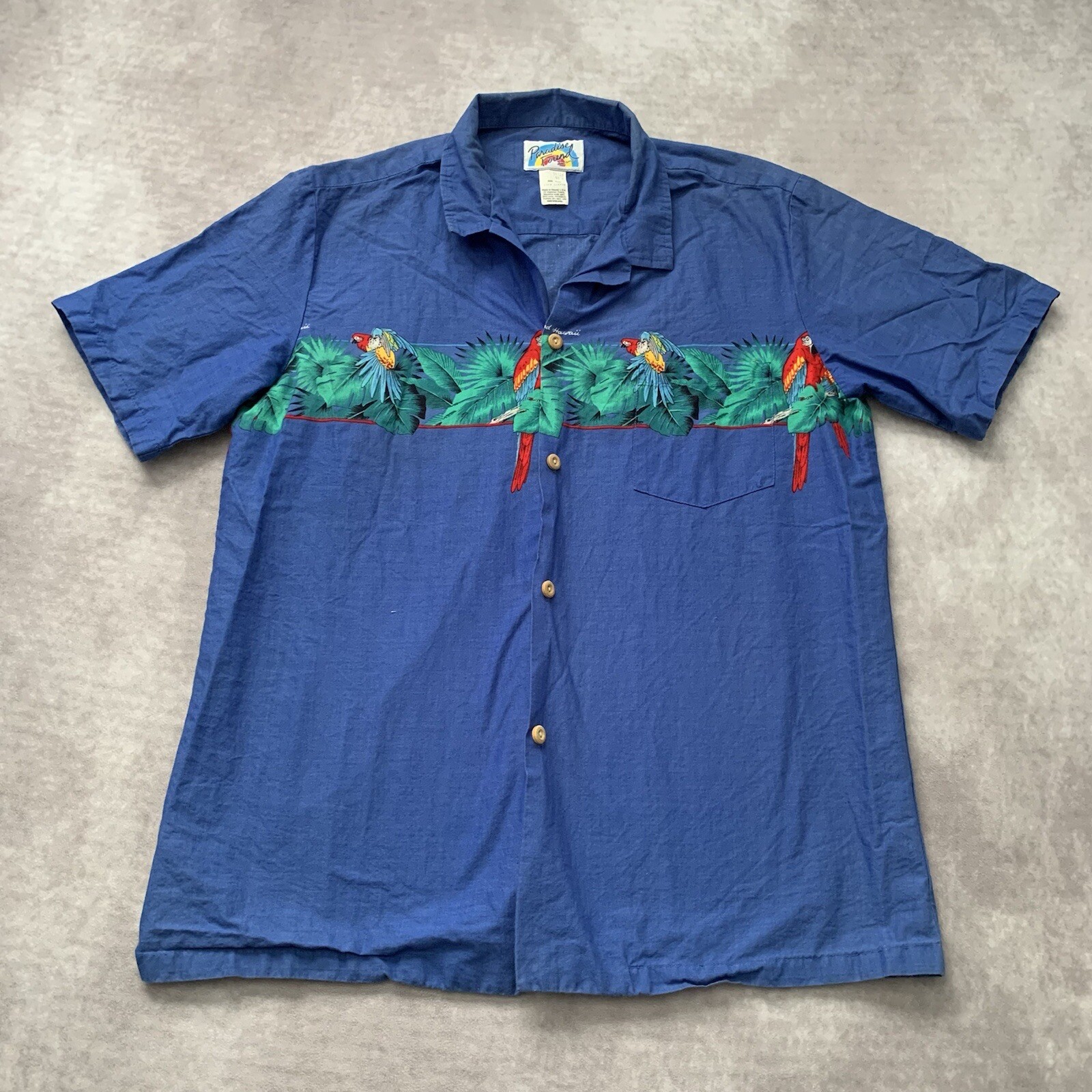 Vintage 90s Paradise Found Hawaiian Shirt Size L Parrot Macaw Bird Tropical Palm