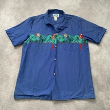 Vintage 90s Paradise Found Hawaiian Shirt Size L Parrot Macaw Bird Tropical Palm