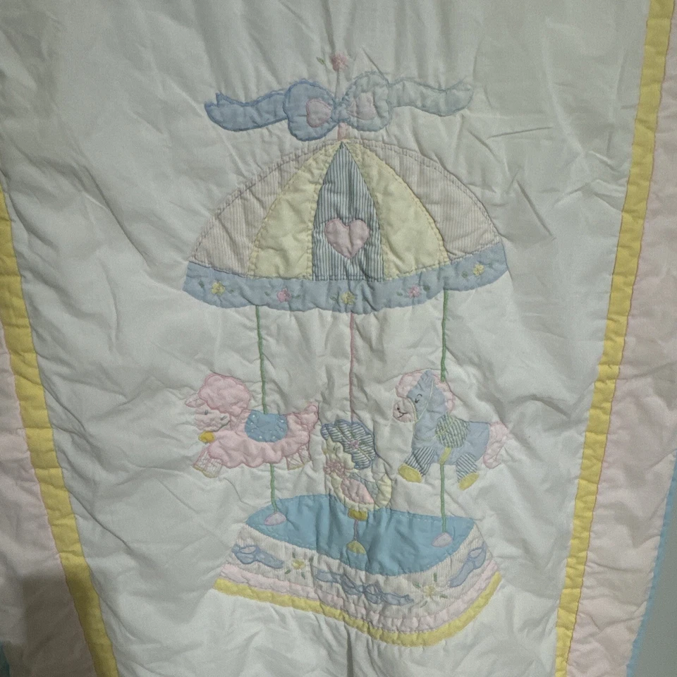 Edredón Vintage Baby Togs OVEJAS POLLO CABALLO CARRUSEL Pastel 45" X 35" MUY RARO Foto 2 de 4