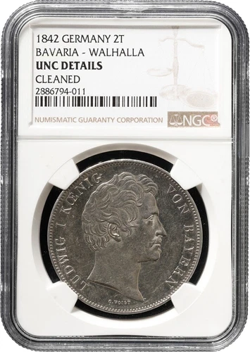 1842 German States BAVARIA 2 Thaler Silver Coin Ludwig I WALHALLA NGC UNC-Detail