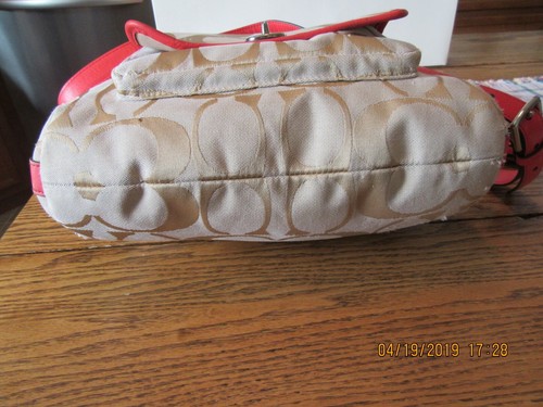 Coach Signature C Hot Pink/Coral Lether& Khaki Satchel, Purse,Crossbody, Handbag - Picture 5 of 12