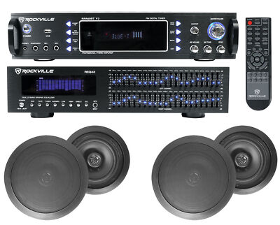 Home Theater Bluetooth Receiver+Equalizer EQ+(4) 8'' Black Ceiling Speakers