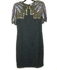 Vtg 80s Sequin Beaded Silk Dress Keyhole Black Short Sleeve Elegant Glam READ