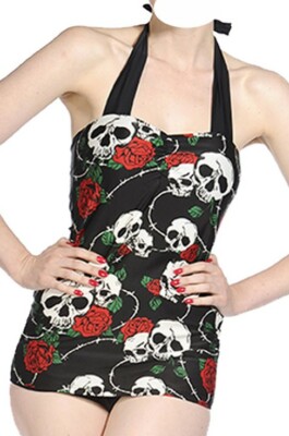 BANNED Badeanzug Skull Rosen Gothic Pin UP Rockabilly - Gr: M