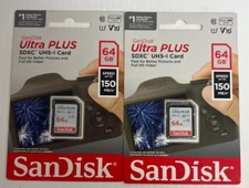 Lot of 2-SanDisk Ultra Plus 64GB SDXC V10 150MB/s Class 10 Memory Cards
