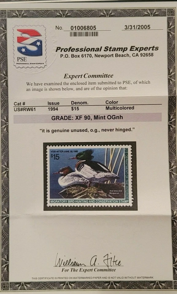 Scott#: RW61 - Red-breasted Mergansers MNHOG XF90 with PSE certificate - Image 2 of 2