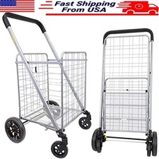Carro de comestibles plegable plateado cesta con ruedas carro utilitario compacto ligero