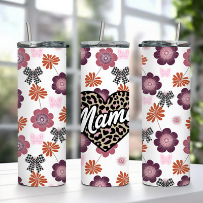 Mama Tumbler Leopard Heart Flowers Design  20oz Stainless Steel Travel Cup Mug