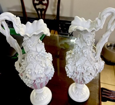 2 Antique English handmade Bennington pink parian porcelain grape vine ewer