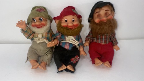 Vintage 1950s Japan Rubber Face Gnome Troll Dolls Set of 3 Kitsch Hillbilly Hobo