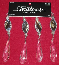 Set of 4 Crystal Teardrop Pendant Christmas Ornaments Acrylic Mirrored New in Pk