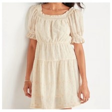 Old Navy Peasant Embroidered Puff Sleeve Dress Tan Size Medium