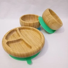 Avanchy Baby Toddler Bamboo Bowls and Divided Plate Set Wooden Suction Base 3pcs