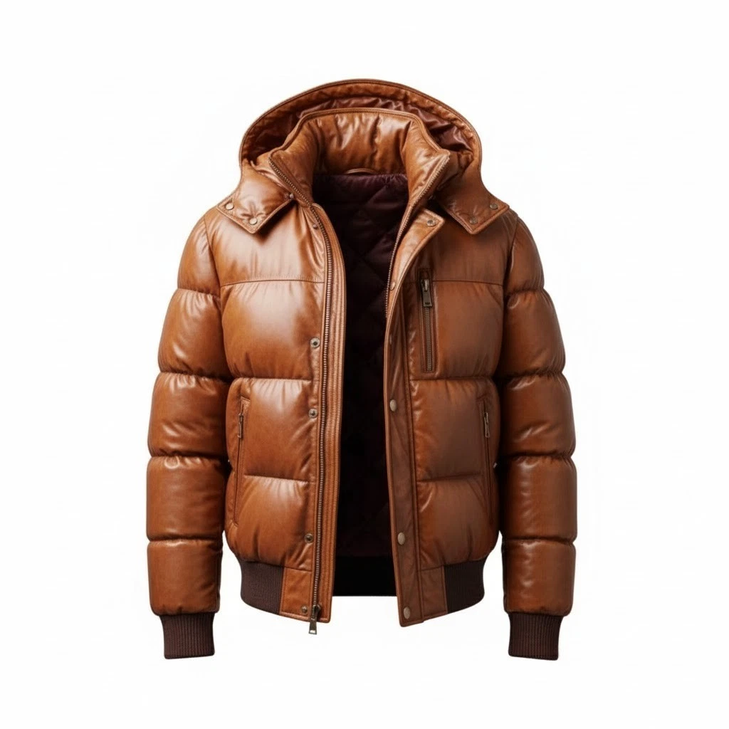 Men’s Genuine Leather Puffer Jacket | Brown Winter Coat with Detachable Hood