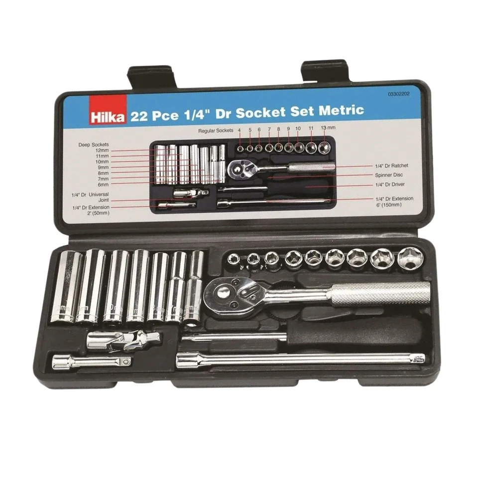 1/4" Drive Socket Set Metric 22 PC Kit Ratchet Deep Sockets Extensions - HILKA - Image 2 of 4