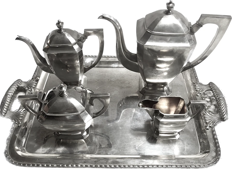 Antiguo Juego de Té-Café Art Deco Imperial Ruso 84-Plata 5 Piezas, S. Bechgold Foto 2 de 4