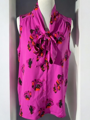 Rachel Zoe Womens Floral Sleeveless Blouse Bow Neck Tie Pink Black NEW Large - Picture 9 of 9