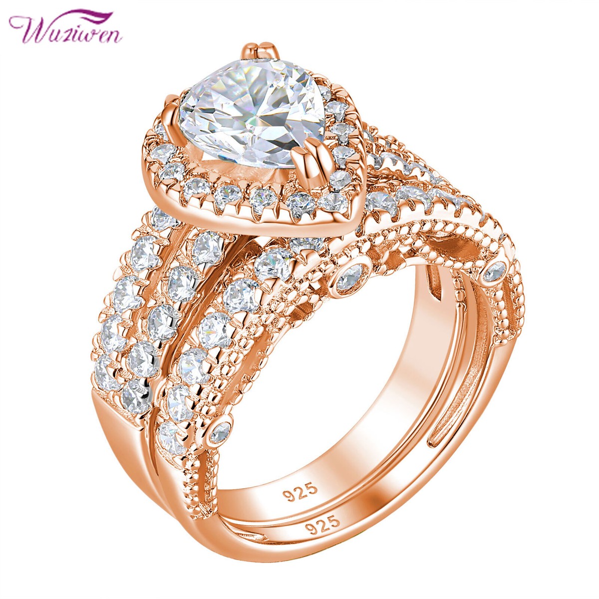 Wuziwen Rose Gold Pear 5A Cz Sterling Silver Wedding Engagement Ring Bridal  Set