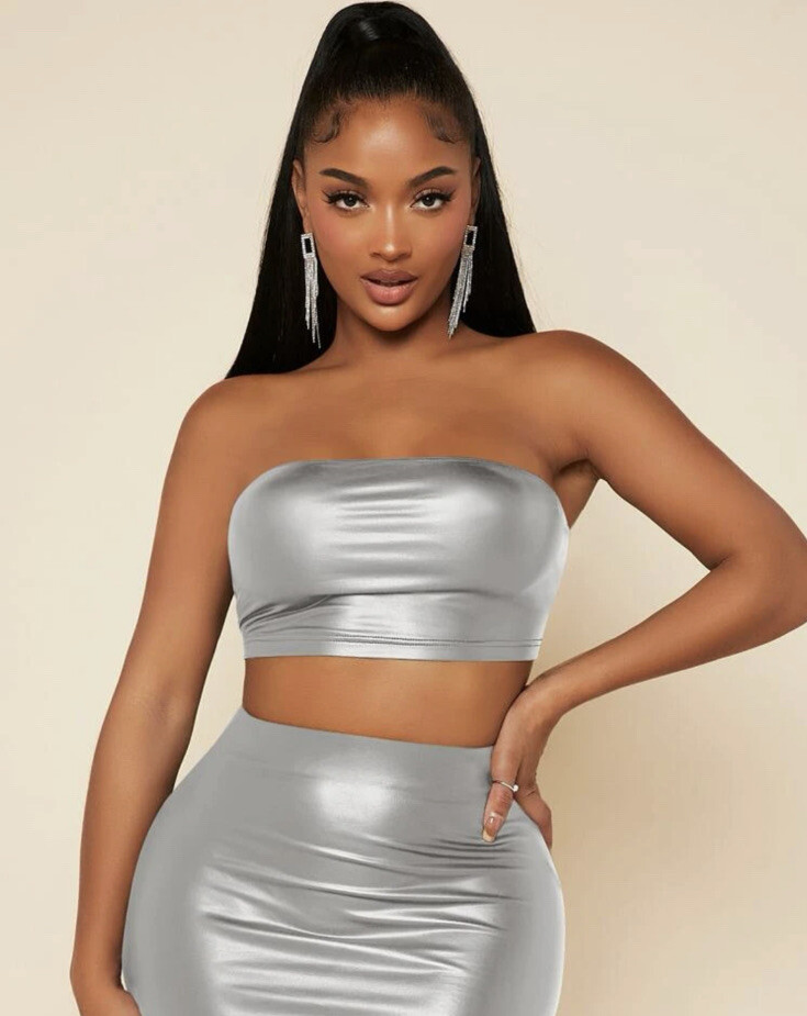 【MUCENT】SHANNIE LEATHER WAPEN GLOSSY CROP PADDING SHEIN SXY PU Leather Crop Tube Top & Pencil Skirt | eBay